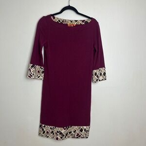 Tory Burch Abstract Burgundy Wool Crew Neck 3/4 Sleeve Knit Mod Dress Size S